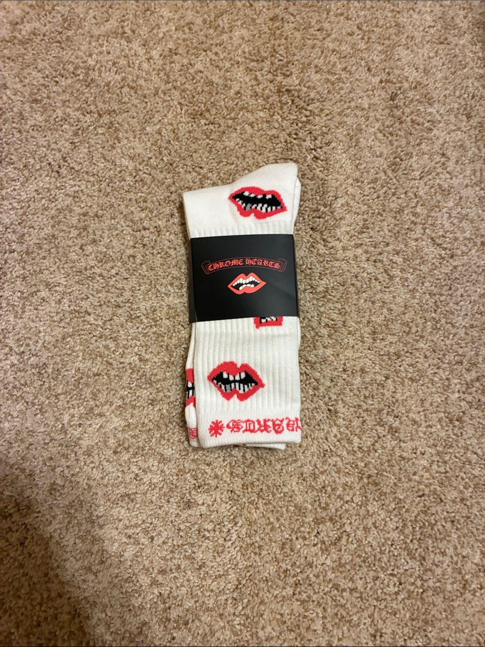 Chrome Hearts White Crew Socks with Red Lip Motif